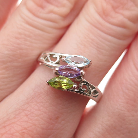 Morning Sun 925 Sterling Silver Vintage Real Topaz Amethyst Peridot Ring Size 7