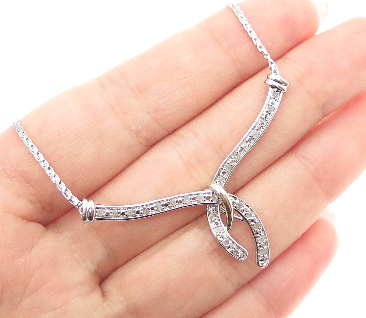 925 Sterling Silver 2-Tone Real Round-Cut Diamond Serpentine Chain Necklace 18"