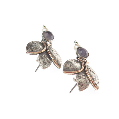 925 Sterling Gold Filled Vintage Real Pearl & Iolite Modernist Floral Earrings