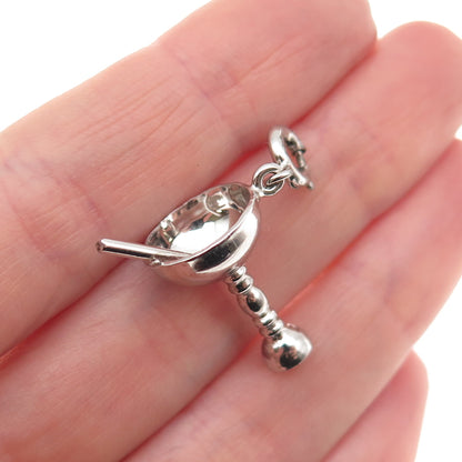 925 Sterling Silver Vintage Cocktail Glass Spring Ring Lock 3D Charm Pendant