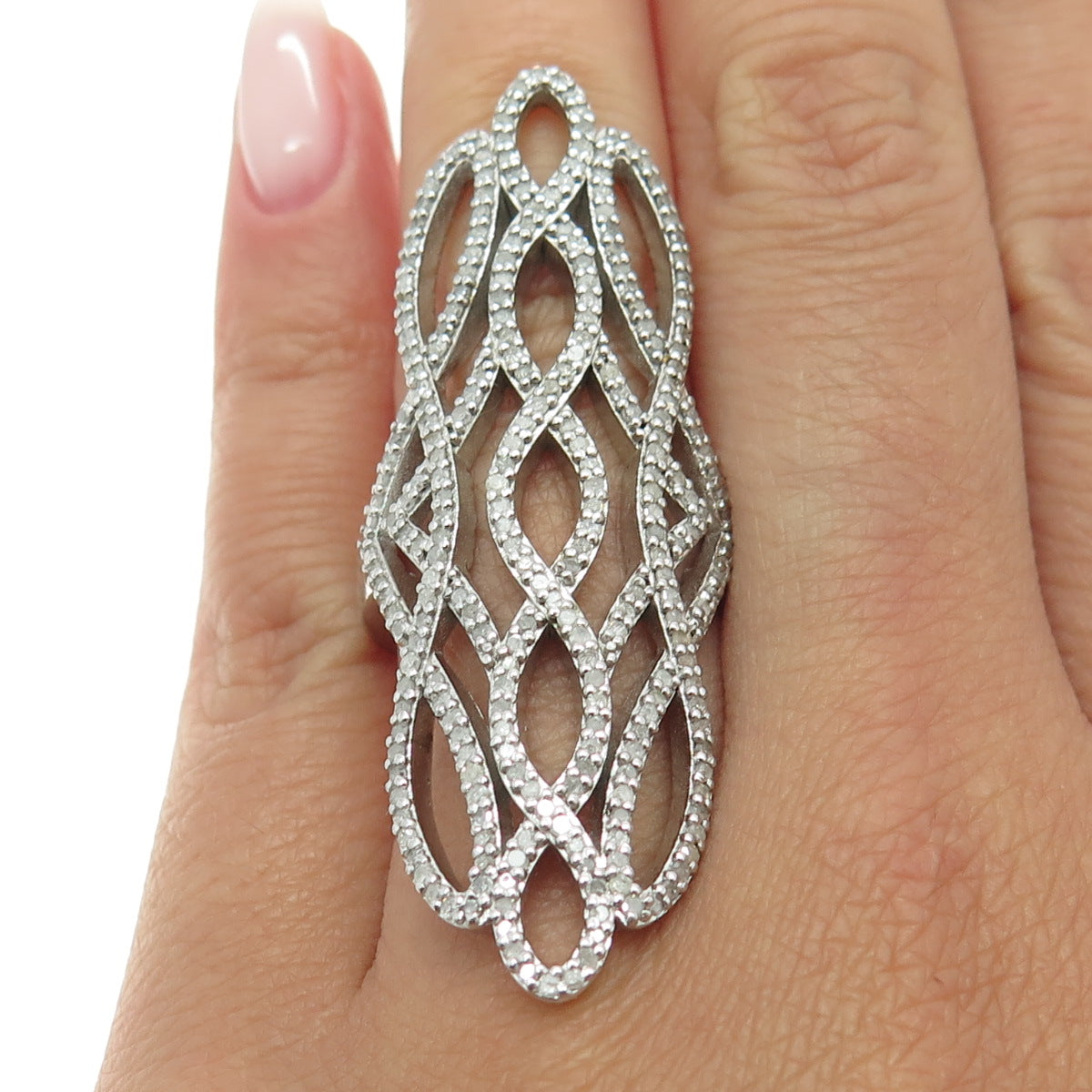 925 Sterling Silver Real Round-Cut Diamond Twisted Statement Ring Size 7