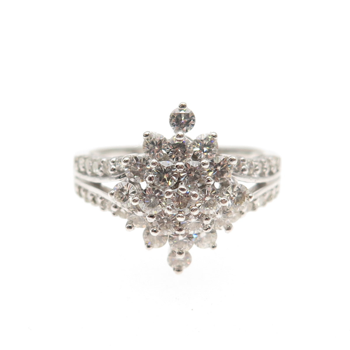 C&C Luxury Sterling Silver Real Round-Cut Moissanite Flower Cluster Ring Size 7