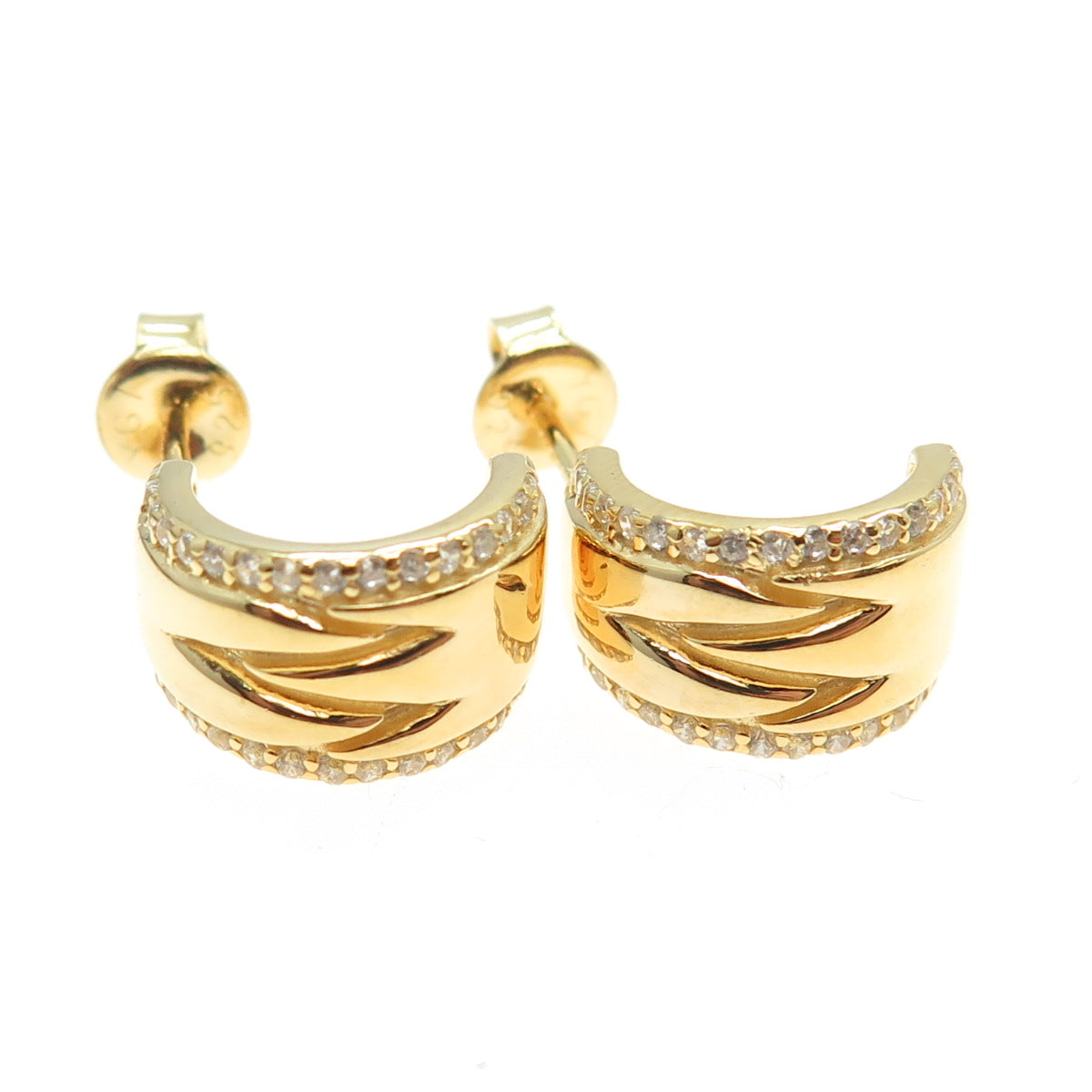 925 Sterling Silver Gold Plated Round-Cut C Z Letter "W" Half Hoop Earrings