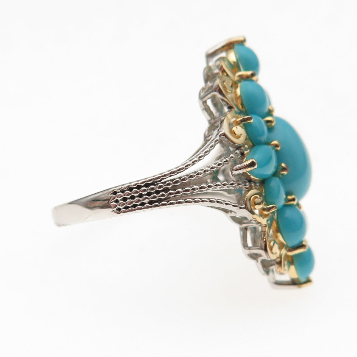 925 Sterling Silver 2-Tone Real Sleeping Beauty Turquoise Floral Ring Size 8.25