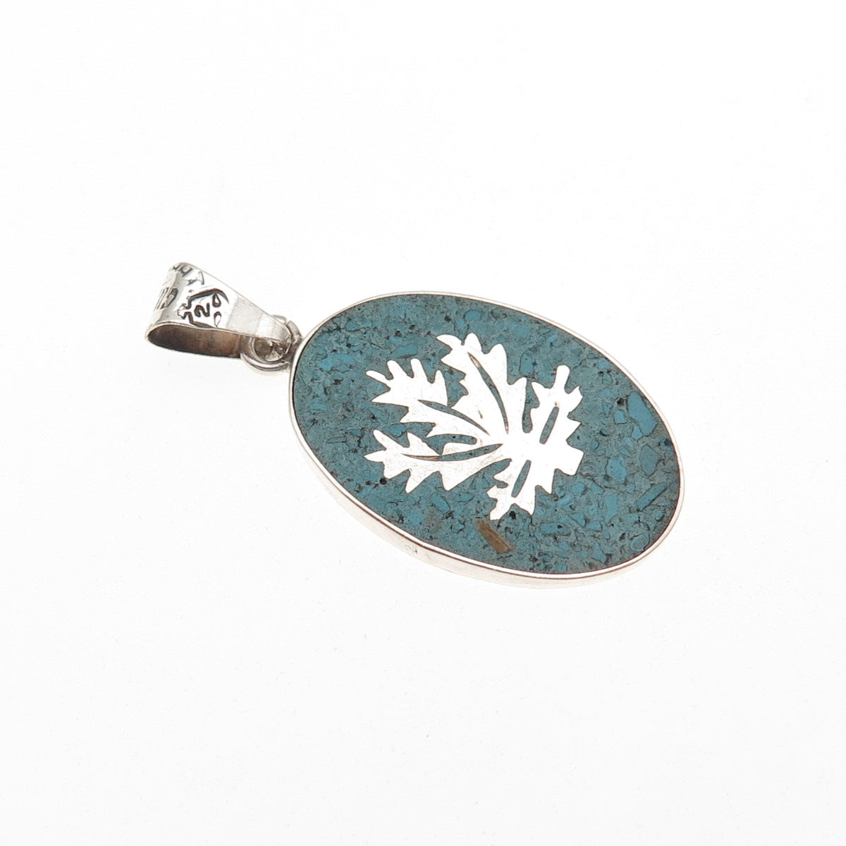 925 Sterling Silver Vintage Mexico Real Turquoise Inlay Cannabis Charm Pendant