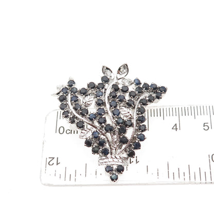 925 Sterling Silver Vintage Real Sapphire & C Z Floral Pin Brooch / Pendant