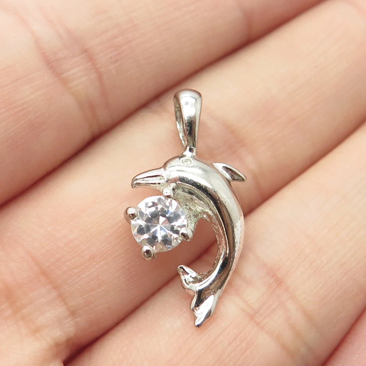 925 Sterling Silver Vintage C Z Dolphin For Good Luck Charm Pendant