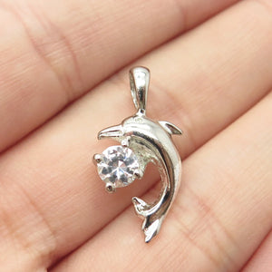 925 Sterling Silver Vintage C Z Dolphin For Good Luck Charm Pendant