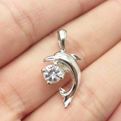 925 Sterling Silver Vintage C Z Dolphin For Good Luck Charm Pendant