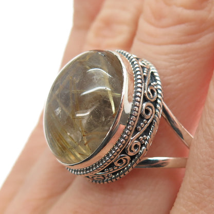 925 Sterling Silver Vintage Real Cabochon Rutilated Quartz Swirl Ring Size 9.75