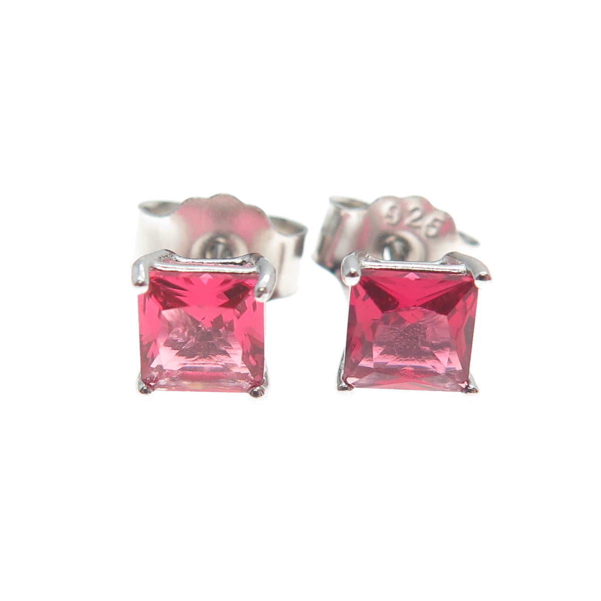 925 Sterling Silver Princess-Cut Pink C Z Stud Earrings