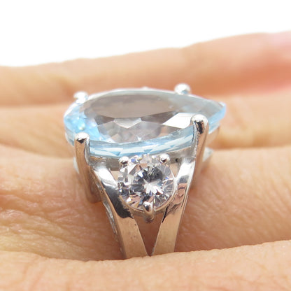 925 Sterling Silver Real Pear-Cut Blue Topaz & C Z Ring Size 7