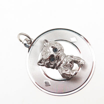 925 Sterling Silver Vintage Blue Rhinestone Kitty Cat Charm Pendant