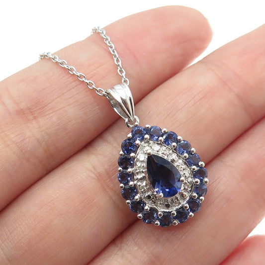 925 Sterling Silver Real Round-Cut Diamond & Iolite Cable Chain Necklace 18"