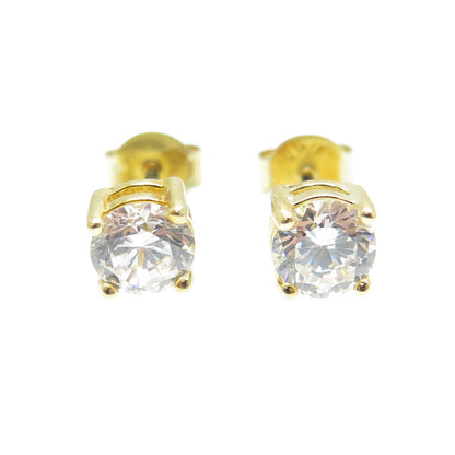925 Sterling Silver Gold Plated Round-Cut Shaped C Z Stud Earrings