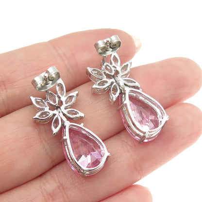 925 Sterling Silver Pear-Cut Pink & Marquise White C Z Floral Earrings