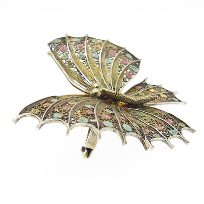 800 Silver Vintage Enamel Filigree Butterfly Pin Brooch