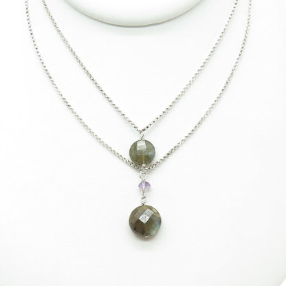 925 Sterling Silver Vintage Labradorite & Amethyst Double Chain Necklace 16-18"