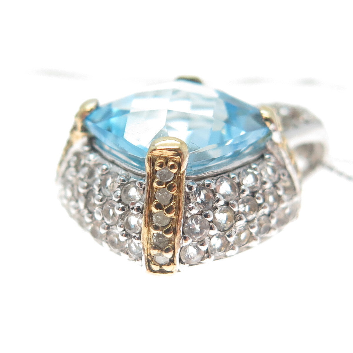 925 Sterling 2-Tone Real Diamond Blue & White Topaz Box Chain Necklace 18"