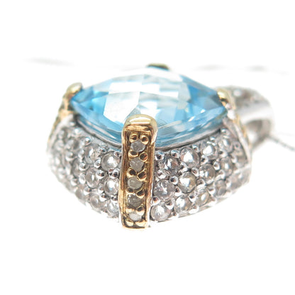 925 Sterling 2-Tone Real Diamond Blue & White Topaz Box Chain Necklace 18"