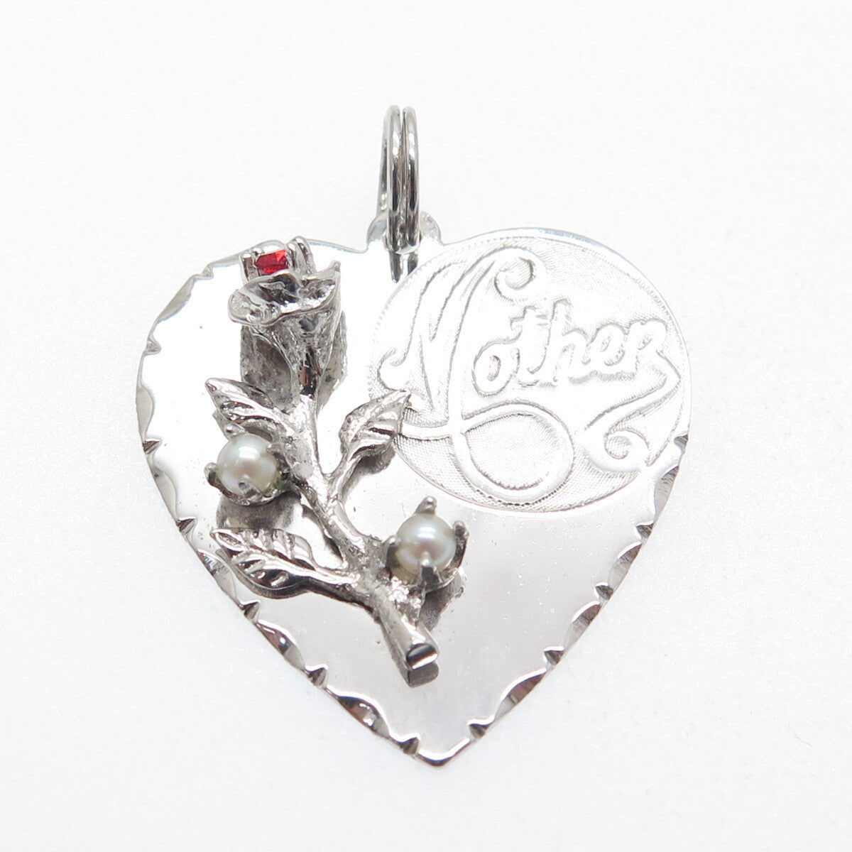 TOWN & COUNTRY 925 Sterling Vintage Rhinestone Faux Pearl "Mother" Heart Pendant