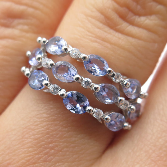 925 Sterling Silver Real Oval-Cut Tanzanite & C Z Multi-Row Ring Size 6.25