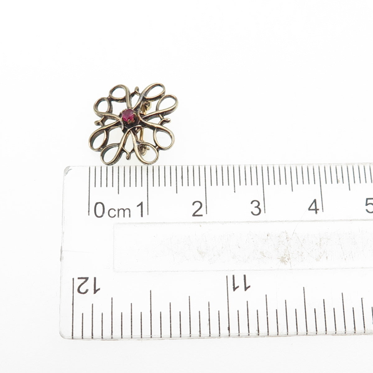 ROBBINS & CO. 925 Sterling Gold Plated Antique Art Deco Real Ruby Flower Brooch