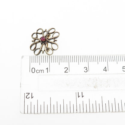 ROBBINS & CO. 925 Sterling Gold Plated Antique Art Deco Real Ruby Flower Brooch