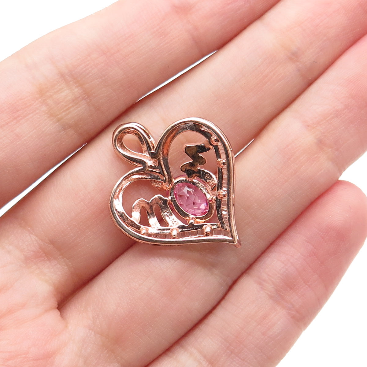925 Sterling Rose Gold Plated Real Pink & White Topaz Mom Heart Charm Pendant