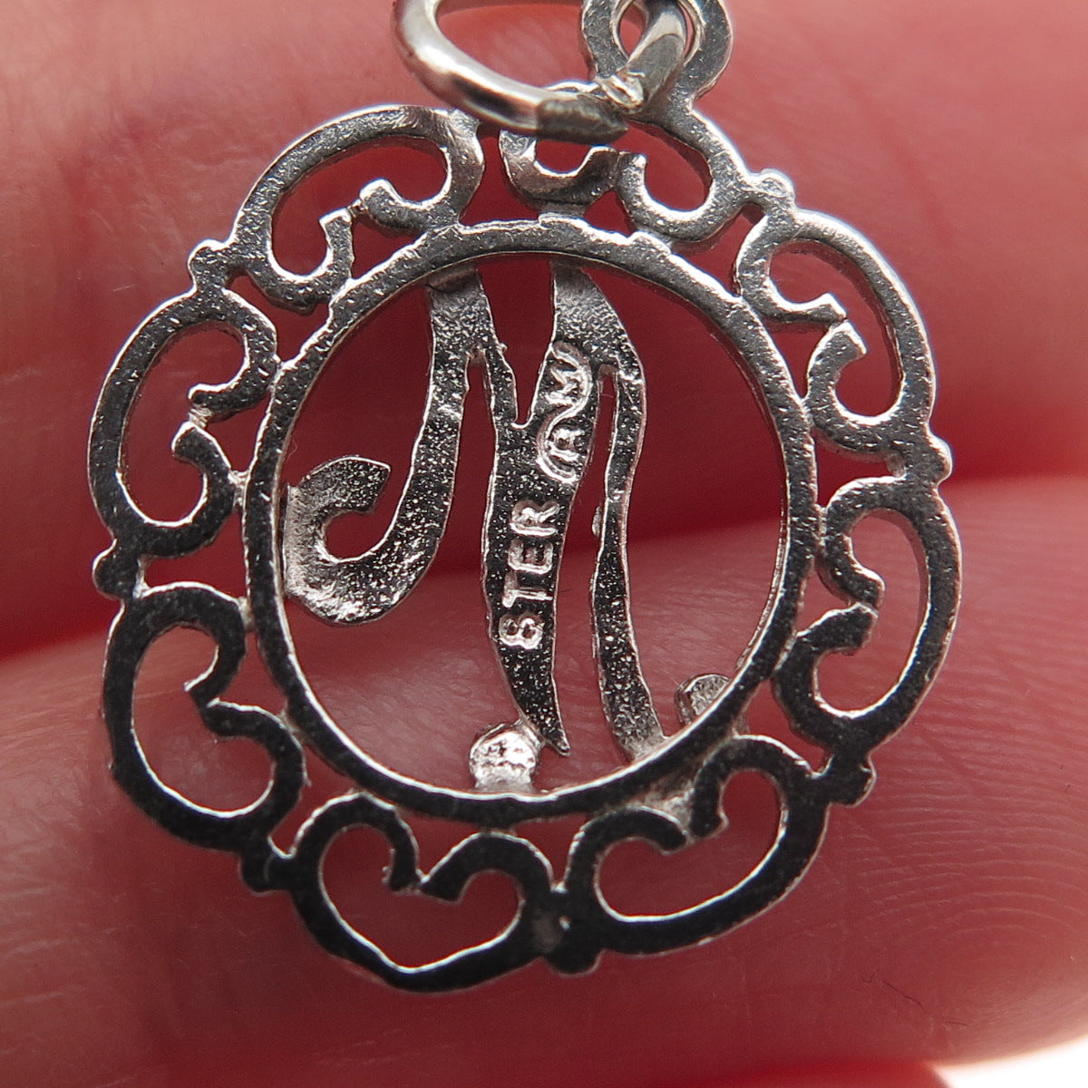 925 Sterling Silver Vintage Letter M initial Heart Ornate Mini Charm Pendant