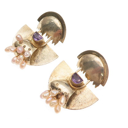 925 Sterling GP Vintage Real Amethyst & Pearl Modernist Earrings (missing pearl)