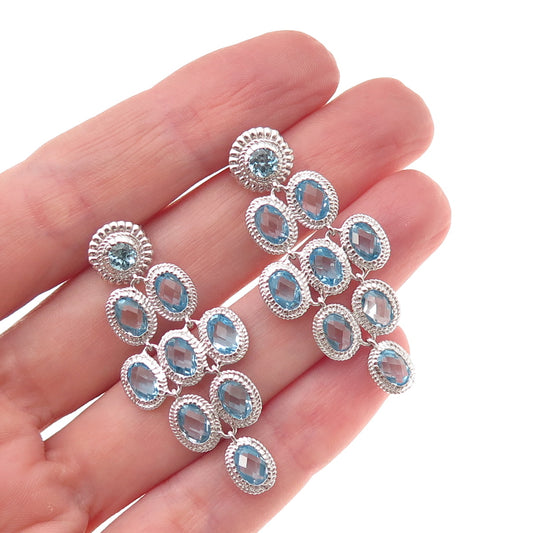 DSMK 925 Sterling Silver Real Oval-Cut Blue Topaz Dangle Earrings