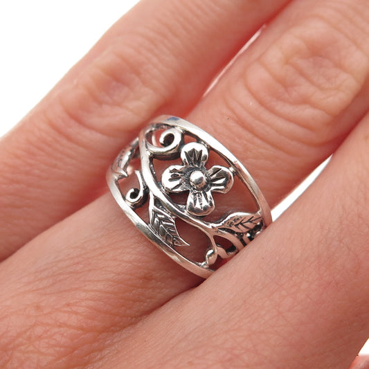 925 Sterling Silver Vintage Floral Blossom Oxidized Ring Size 6