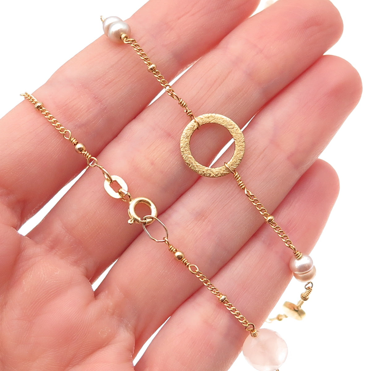 925 Sterling Silver Gold Plated Real Pearl & Rose Quartz Long Chain Necklace 48"
