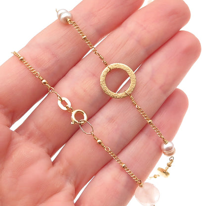 925 Sterling Silver Gold Plated Real Pearl & Rose Quartz Long Chain Necklace 48"