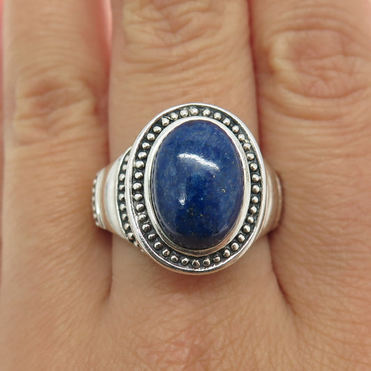 925 Sterling Silver Vintage Real Lapis Granulated Oxidized Ring Size 10.25