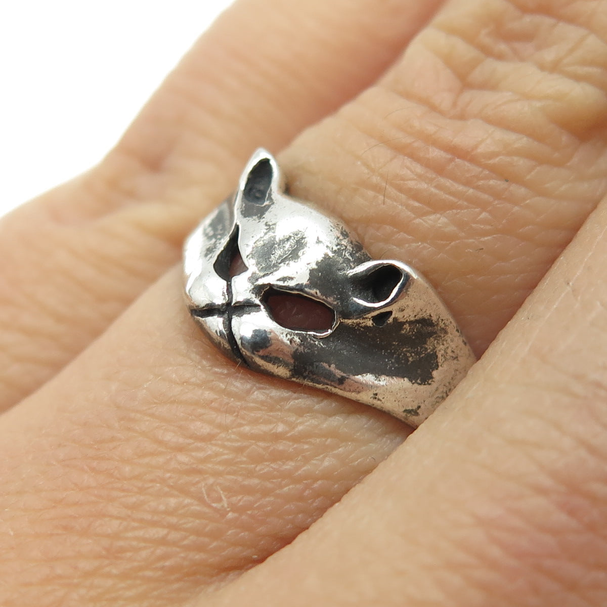 925 Sterling Silver Vintage Cat Oxidized Ring Size 6.5