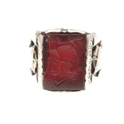 925 Sterling Antique Carnelian Roman Warrior & Sailboat Adjustable Ring Size 7