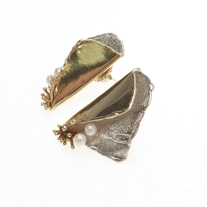 Joseph Masaniello Sterling Silver 2-Tone Vintage Real Pearl Modernist Earrings