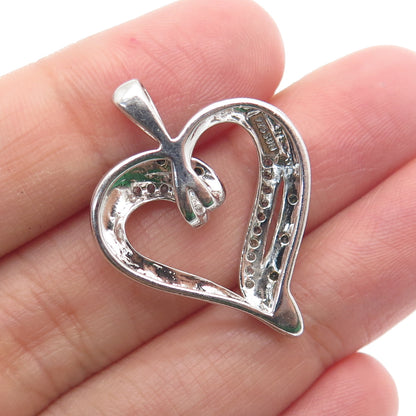 SUN 925 Sterling Silver Real Round-Cut White & Blue Diamond Heart Pendant