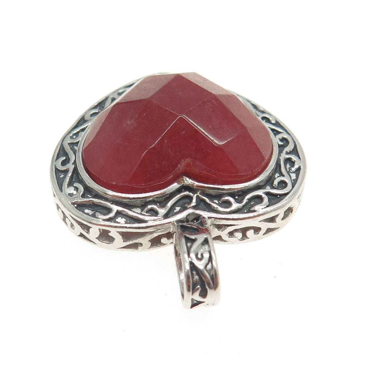 925 Sterling Silver Vintage Real Red Jade Ornate Heart Pendant