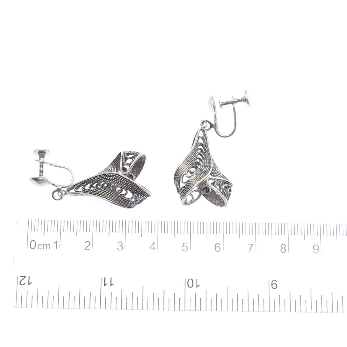 925 Sterling Silver Antique Art Deco Filigree Twisted Dangle Screw Back Earrings