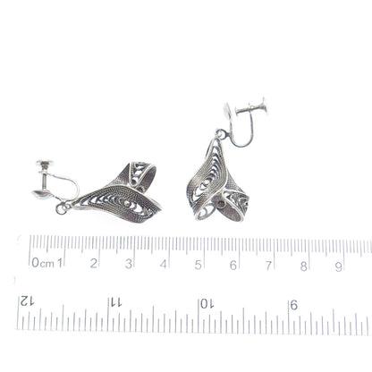 925 Sterling Silver Antique Art Deco Filigree Twisted Dangle Screw Back Earrings