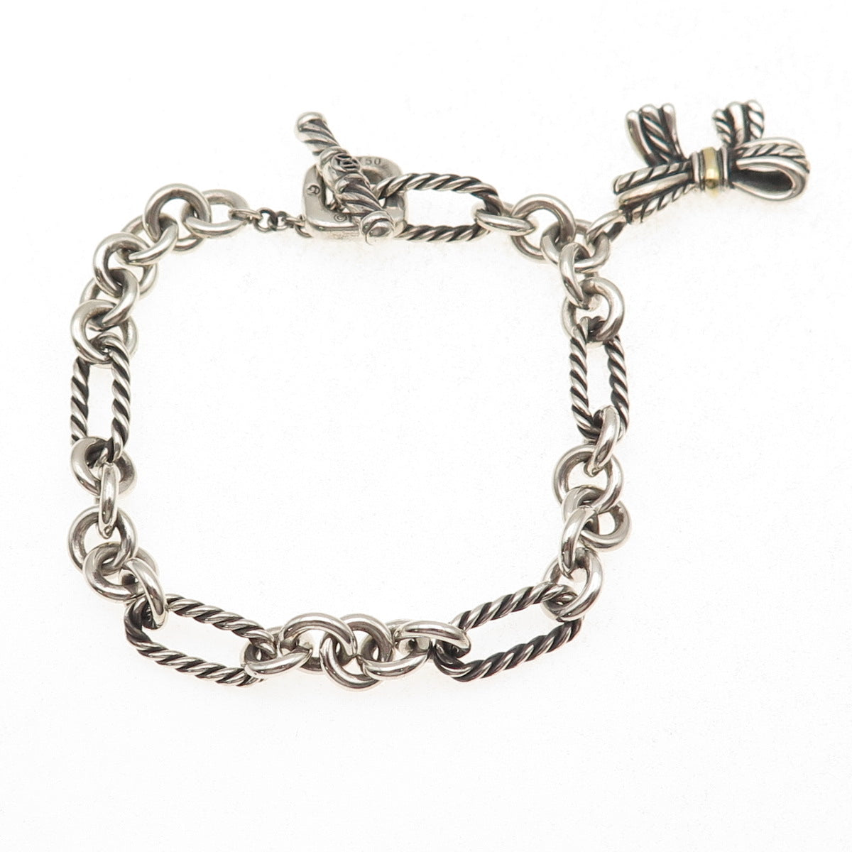 David Yurman 925 Sterling Silver 18K Gold Vintage Bow Charm Bracelet 6.75"
