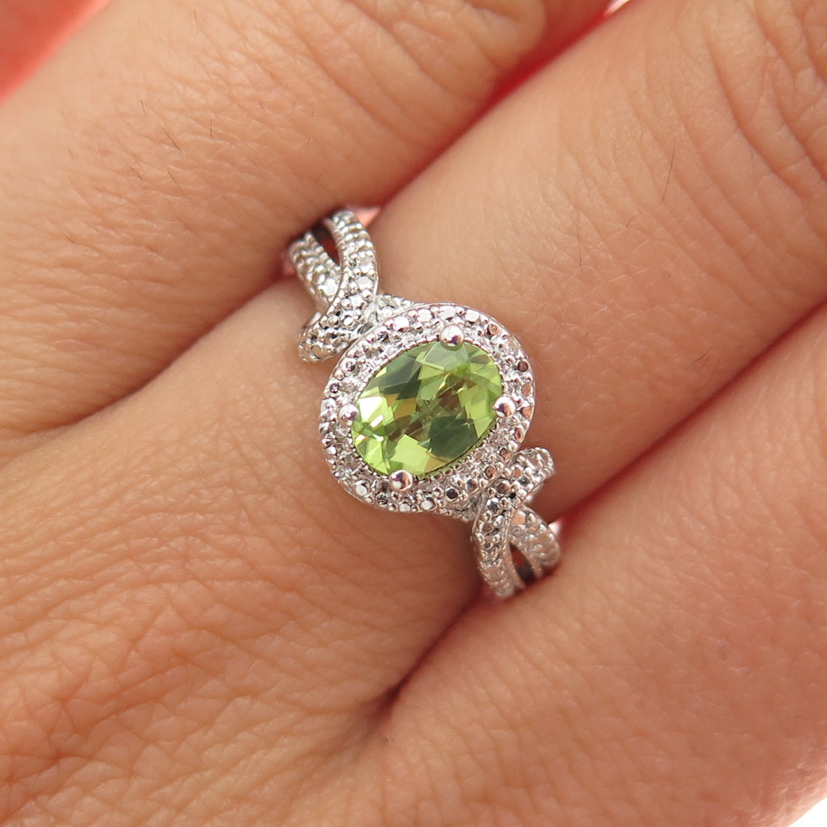 SUN 925 Sterling Silver Real Round-Cut Diamond & Peridot Ring Size 7