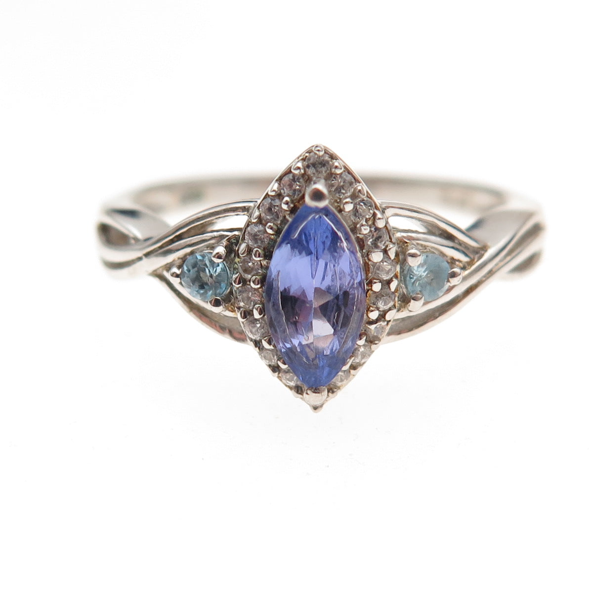 Chuck Clemency 925 Sterling Silver Real Tanzanite Blue & White Topaz Ring Size 8