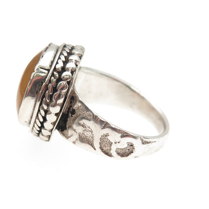 925 Sterling Silver Vintage Real Amber Modernist Oxidized Ring Size 6.5