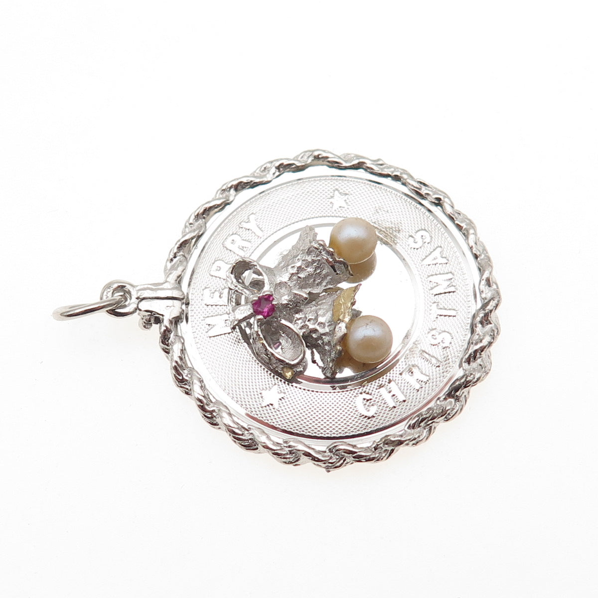 925 Sterling Silver Vintage Faux Pearl Rhinestone Merry Christmas Bells Pendant