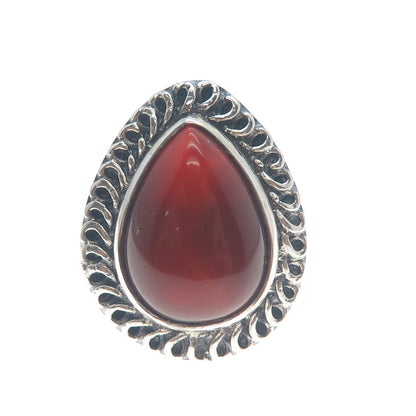 925 Sterling Silver Vintage Real Pear-Cut Carnelian Oxidized Ring Size 8.75