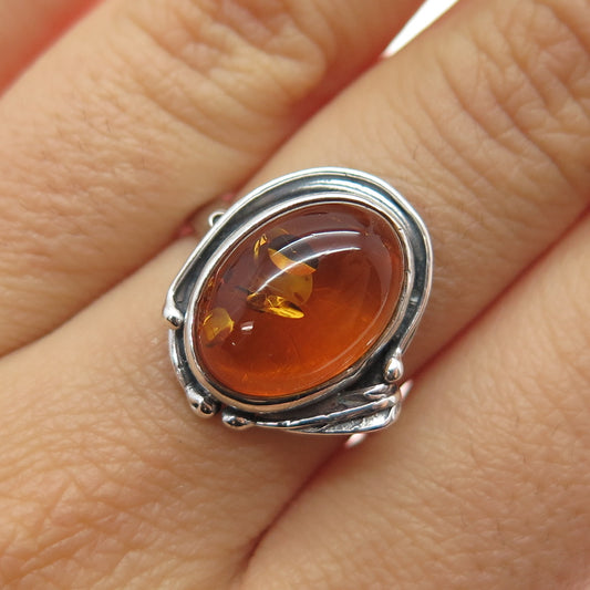 W. Kruk 925 Sterling Silver Vintage Poland Real Amber Modernist Ring Size 7